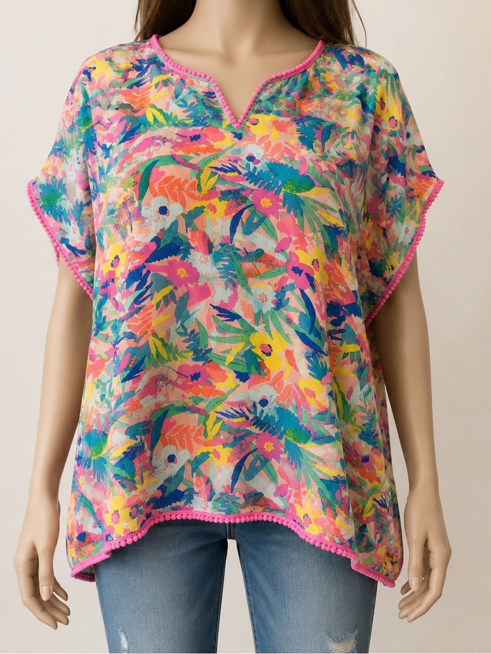 Cat & Jack Girls Tropical Floral V-Neck Tunic Top - Pink Trim